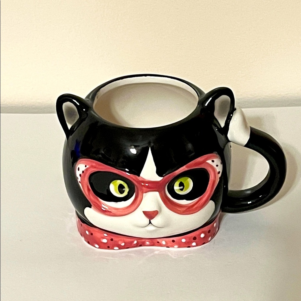 Figural Black and Red Cat Mug With Glasses